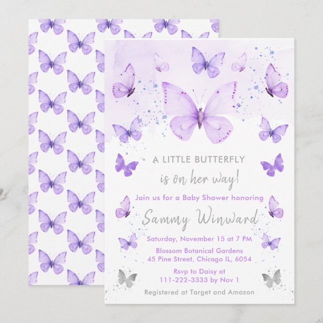 Invitation Baby Shower Papillon Violet et Argent (Devant / Derrière)
