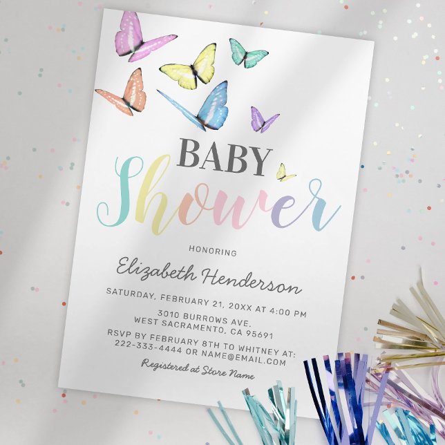 Invitation Baby Shower Papillons Arc-en-ciel Pastel (Créateur téléchargé)