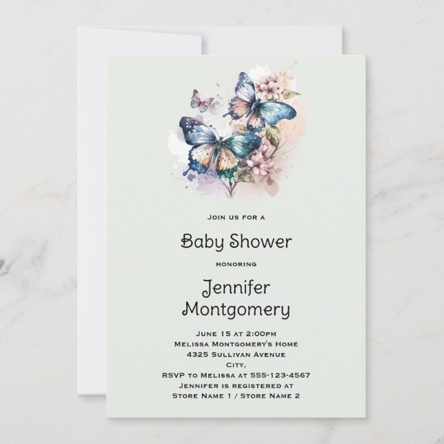 Invitation Baby Shower Papillons et Fleurs Magnifiques (Devant)