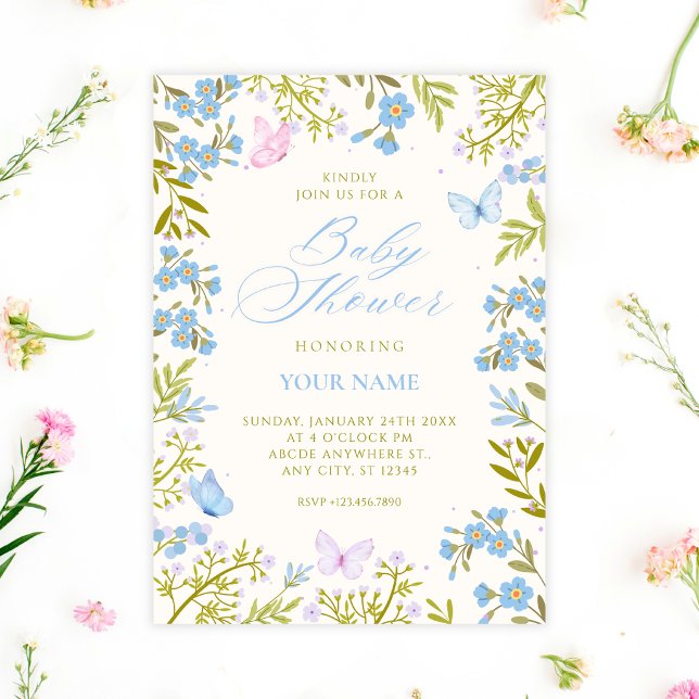 Invitation Baby shower papillons floraux bleus (Créateur téléchargé)