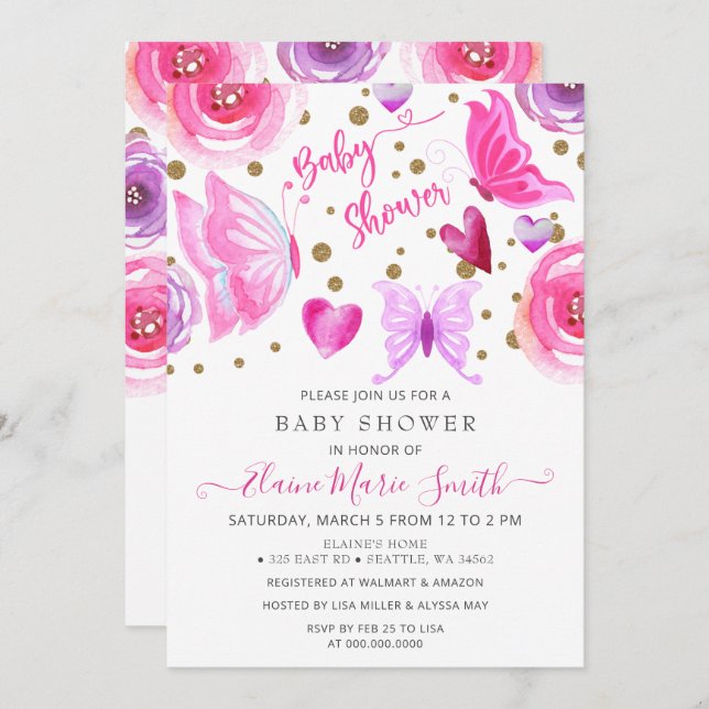 Invitation Baby Shower Papillons Rose Violet Pailleté Or (Devant / Derrière)