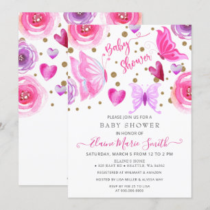 Invitation Baby Shower Papillons Rose Violet Pailleté Or