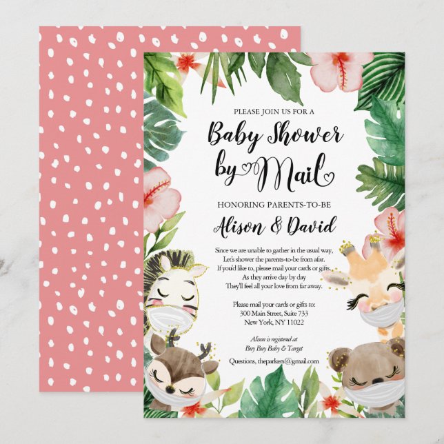 Invitation Baby shower par courrier | Amis Safari masqués mig (Devant / Derrière)