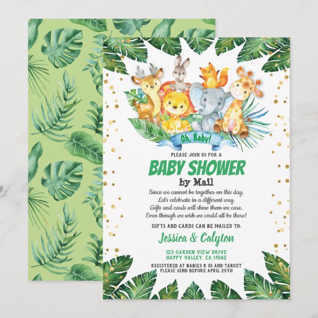 Invitation Baby shower par courrier Les animaux de la jungle  (Devant / Derrière)