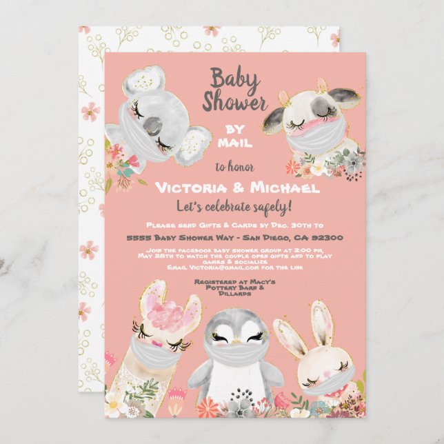 Invitation Baby shower par la poste bébé Animaux avec masques (Devant / Derrière)