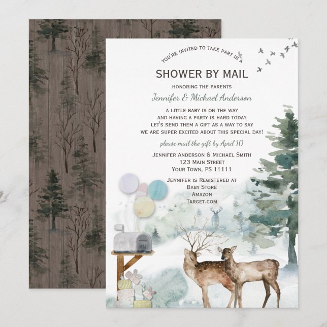 Invitation Baby shower par la poste Ours de forêt neutre pour (Devant / Derrière)