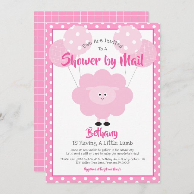 Invitation Baby shower par Mail Agneau rose mignon Moderne Si (Devant / Derrière)