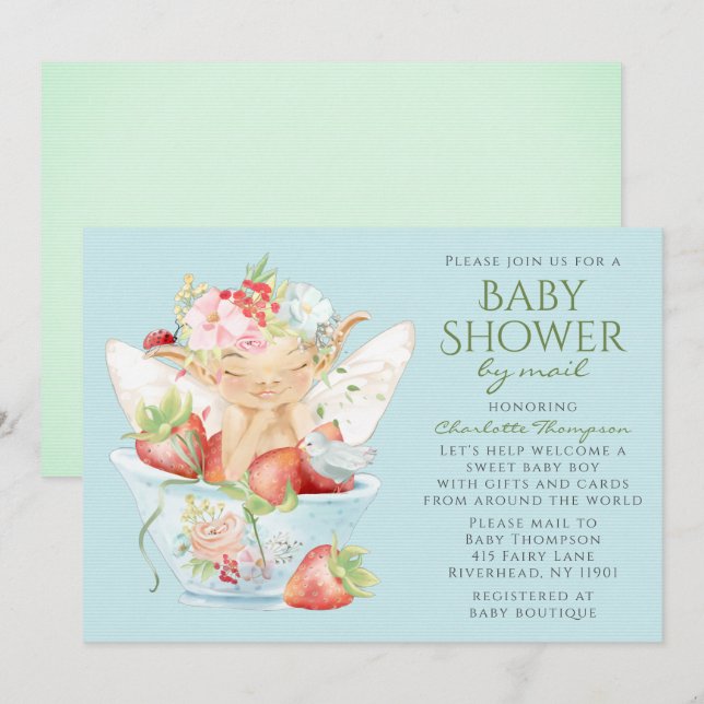 Invitation Baby shower Par Mail Aquarelle Floral Boy Fairy (Devant / Derrière)