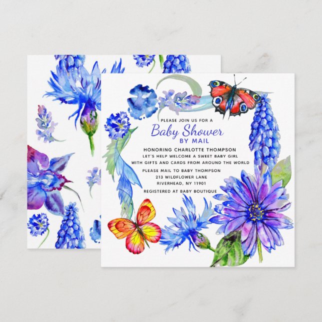 Invitation Baby shower Par Mail Aquarelle Violet Bleu Floral (Devant / Derrière)