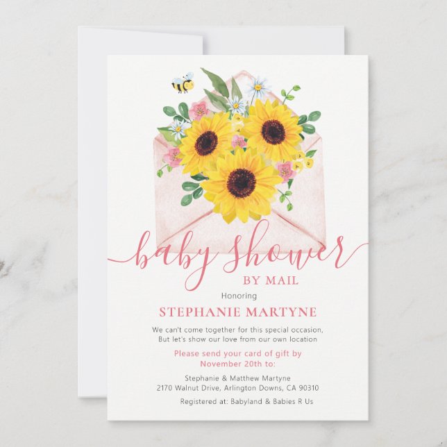 Invitation Baby shower Par Mail Enveloppe Florale Tournesol (Devant)
