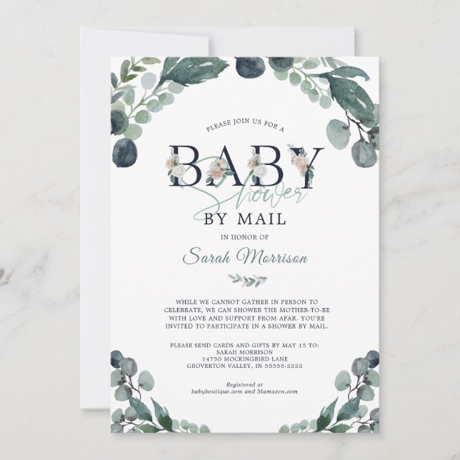 Invitation Baby shower par Mail Eucalyptus Greenery Navy Blue (Devant)