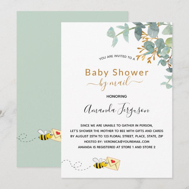 Invitation Baby shower par mail eucalyptus vert maman à abeil (Devant / Derrière)