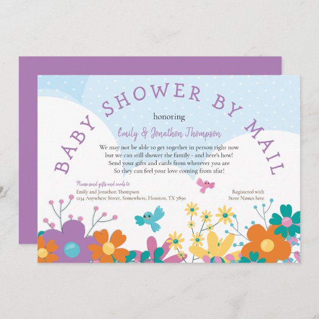 Invitation Baby shower Par Mail Florals Colorés Oiseaux (Devant / Derrière)