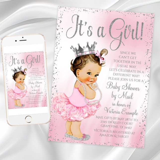 Invitation Baby shower par Mail Pink Princess Tutu Baby showe (Pink Silver Princess Baby Shower Invitation. Instant download printed available. Text can be changed)