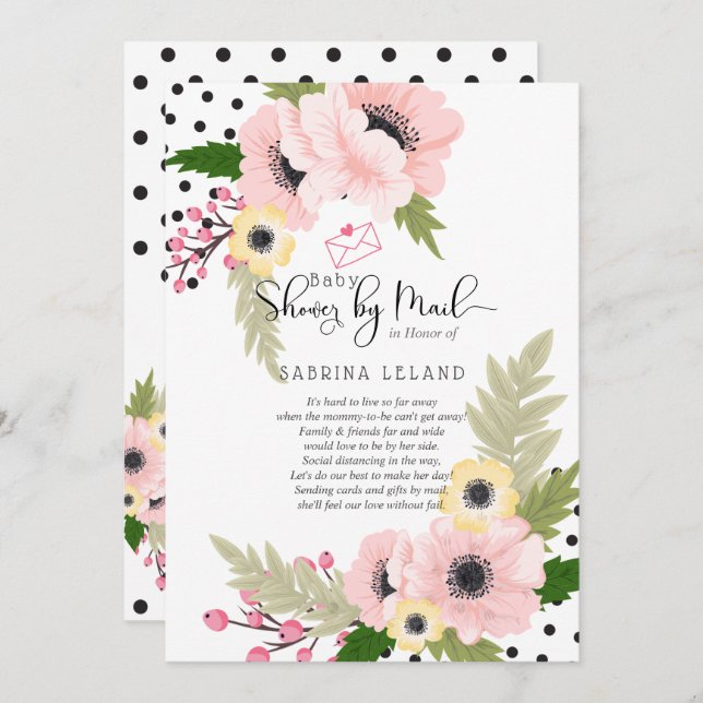 Invitation Baby shower par Mail Pink Yellow Poppies Points (Devant / Derrière)