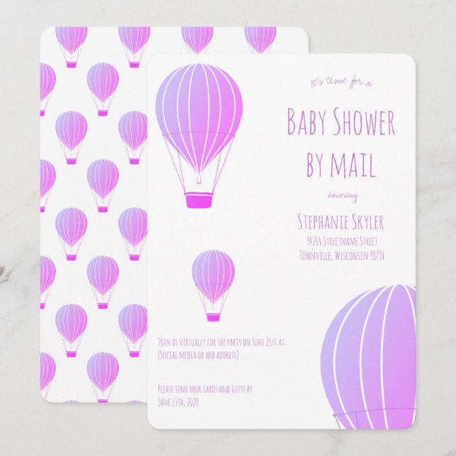 Invitation Baby shower par Mail Purple Hot Air Balloon (Devant / Derrière)