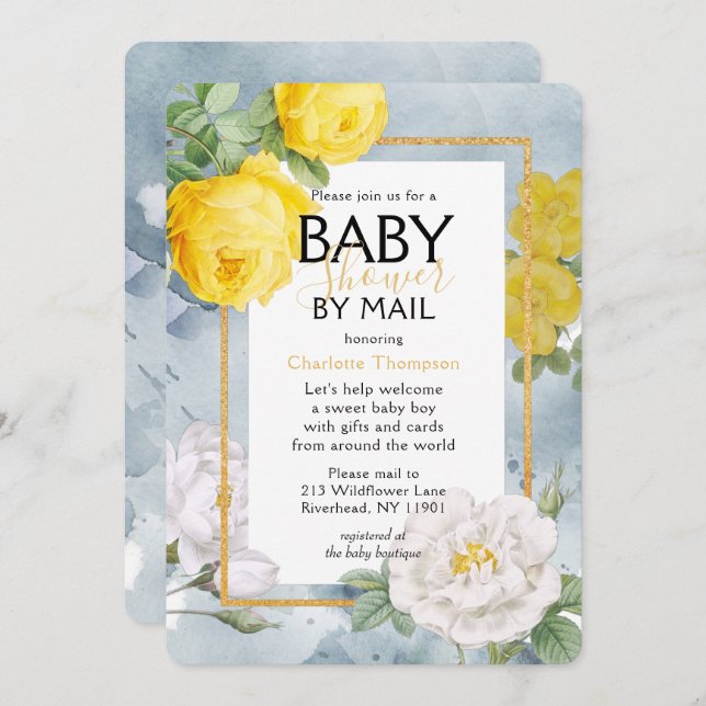 Invitation Baby shower Par Mail Rose Jaune Floral (Devant / Derrière)