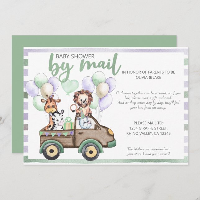 Invitation Baby shower par Mail Safari Camion et animaux mign (Devant / Derrière)