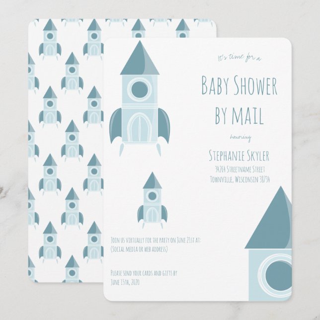 Invitation Baby shower Par Mail White Blue Rocket Ship (Devant / Derrière)