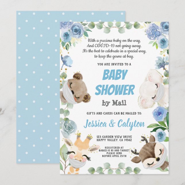 Invitation Baby shower Par Mail Woodland Animal Blue Rose (Devant / Derrière)