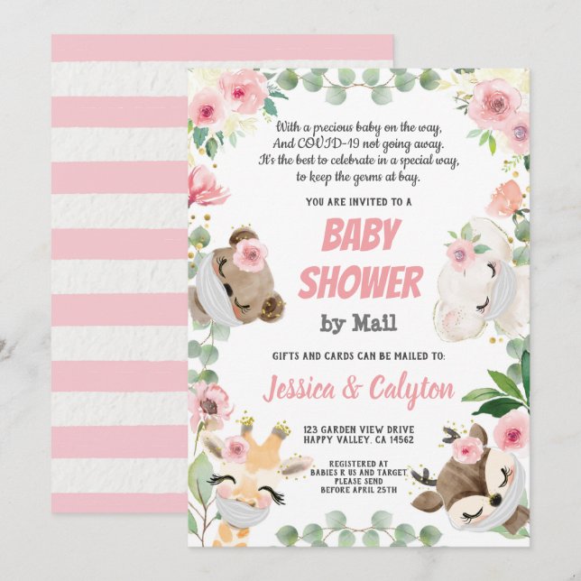 Invitation Baby shower Par Mail Woodland Animal Rose Rose (Devant / Derrière)