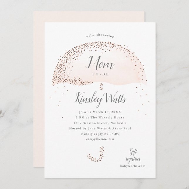 Invitation Baby shower-parapluie Confetti Blush Parties scint (Devant / Derrière)