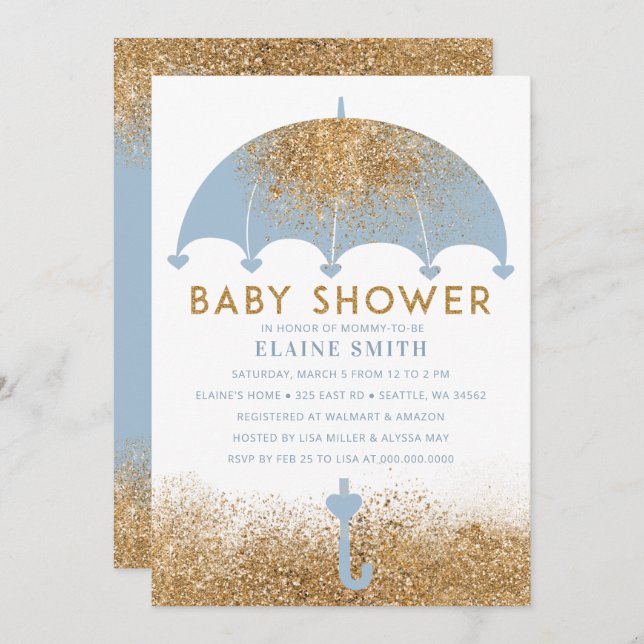 Invitation Baby shower parapluie de Parties scintillant bleu  (Devant / Derrière)