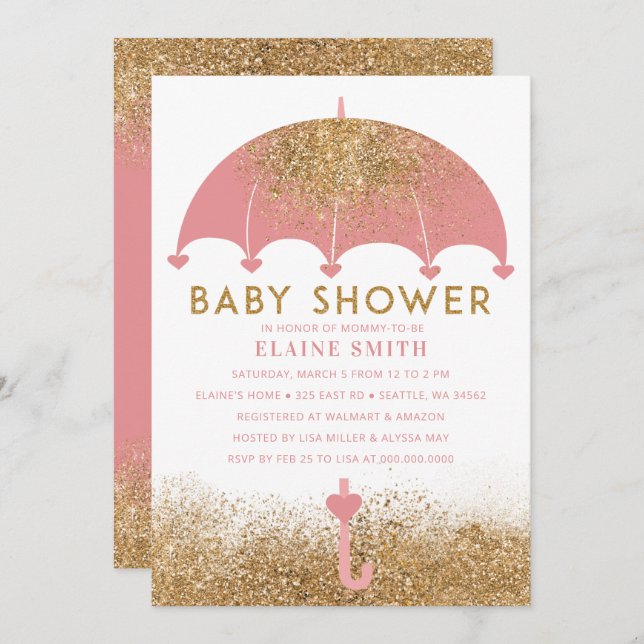 Invitation Baby shower parapluie de Parties scintillant or ro (Devant / Derrière)
