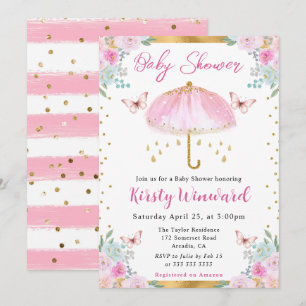 Invitation Baby shower parapluie de printemps Aquarelle rose 