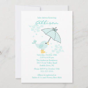 Invitation Baby shower parapluie et oiseaux bleus