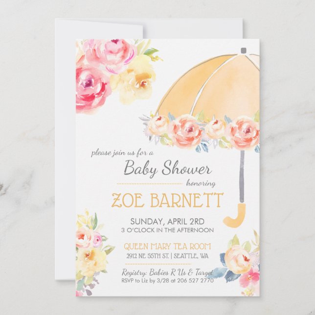 Invitation Baby shower parapluie floral Personnaliser RSVP (Devant)