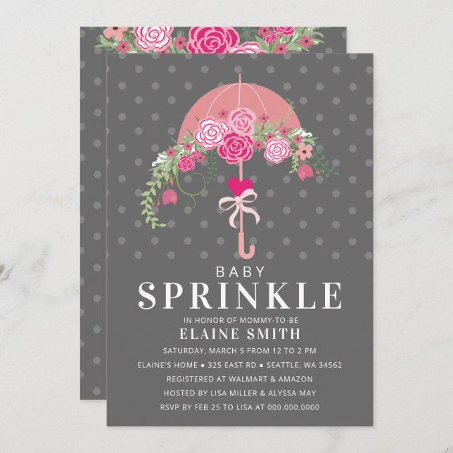Invitation Baby shower parapluie floral rose et gris (Devant / Derrière)