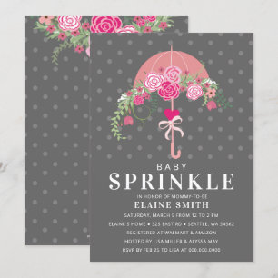Invitation Baby shower parapluie floral rose et gris