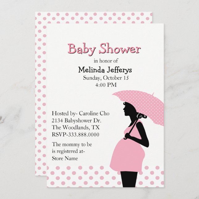 Invitation Baby shower-parapluie Pink Poka Dot (Devant / Derrière)
