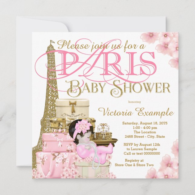 Invitation Baby shower Paris rose et or (Devant)