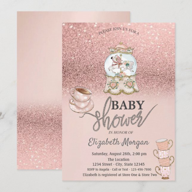 Invitation Baby shower Parties scintillant à thé rose Gold  (Devant / Derrière)