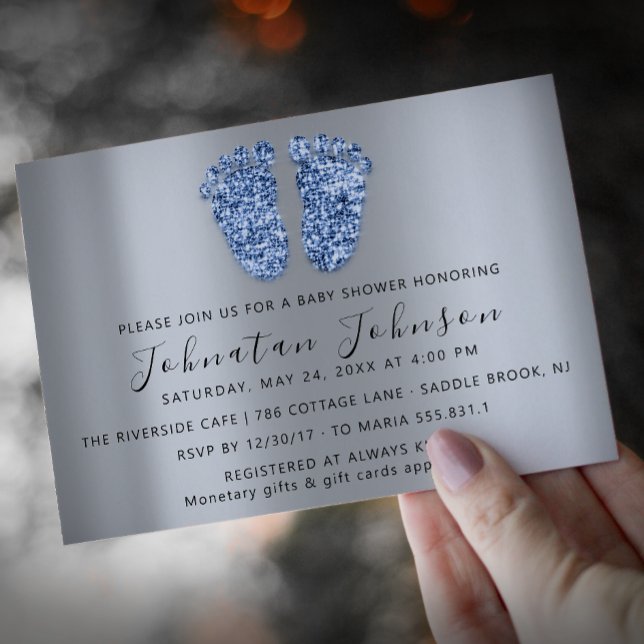 Invitation Baby shower Parties scintillant Bleu Pieds Gris Ga (Créateur téléchargé)