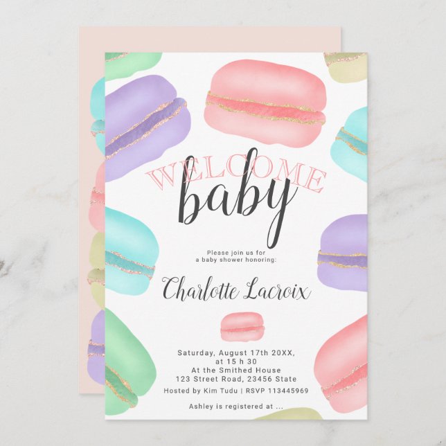 Invitation baby shower parties scintillant macarons français  (Devant / Derrière)