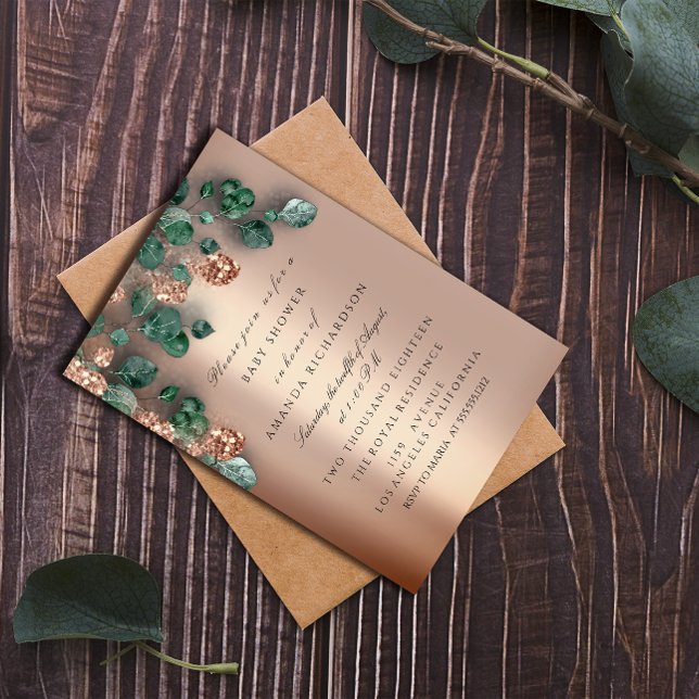 Invitation Baby shower Parties scintillant Pieds Rose Parties (Baby Shower Glitter Feet Rose Glitter Eucalyptus Invitation)