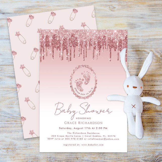 Invitation Baby shower Parties scintillant roses (Pink Glitter Drips Baby Footprint Invite)