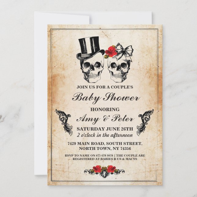 Invitation Baby shower Party Rose crâne Couples (Devant)