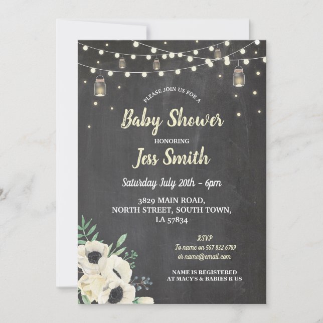 Invitation Baby shower Party Rustic Chalk Fireflies Invitatio (Devant)