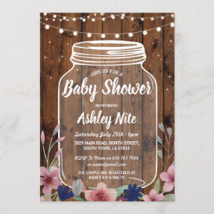 Invitation Baby shower Party Rustic Jar Wood Floral Invitatio