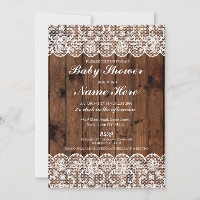 Invitation Baby shower Party Rustic Wood dentelle garçon fill (Devant)