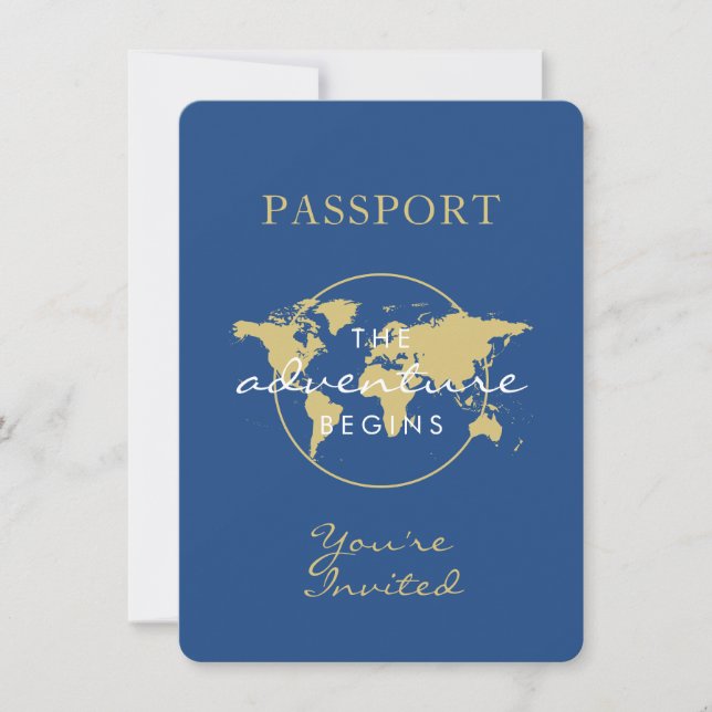 Invitation Baby shower Passport thème Voyage Blue Gold (Devant)