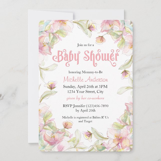 Invitation Baby shower pastel à l'aquarelle Floral (Devant)