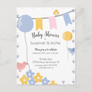 Invitation Baby shower Pastel Birds & Balloons