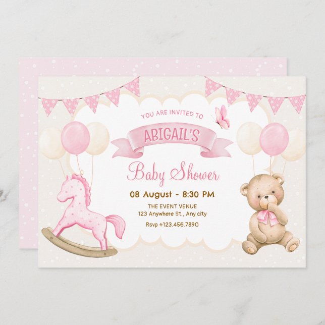 Invitation Baby shower pastel crème rose (Devant / Derrière)
