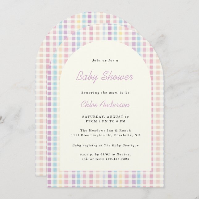 Invitation Baby shower Pastel En vichy Rainbow Colors (Devant / Derrière)