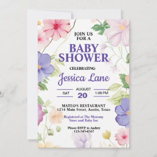 Invitation Baby shower pastel Fleur sauvage rose et lavande